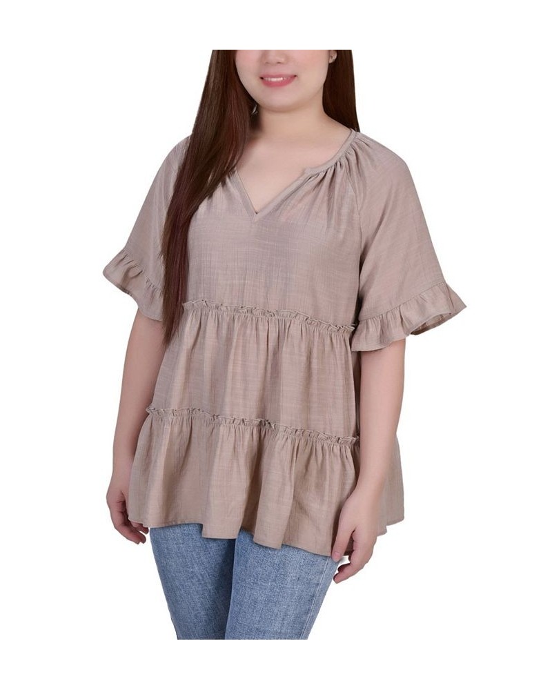 Petite Size Short Sleeve Tiered Blouse Tan/Beige $15.68 Tops