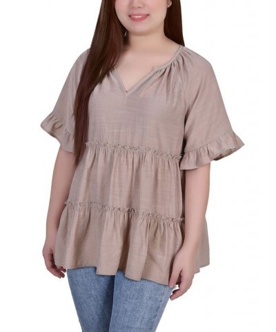 Petite Size Short Sleeve Tiered Blouse Tan/Beige $15.68 Tops