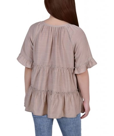 Petite Size Short Sleeve Tiered Blouse Tan/Beige $15.68 Tops