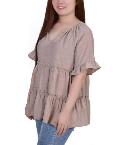 Petite Size Short Sleeve Tiered Blouse Tan/Beige $15.68 Tops