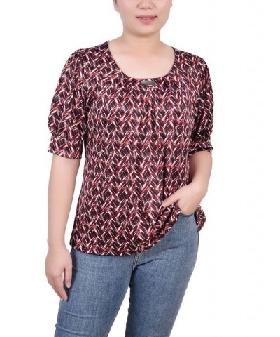 Women's Missy Short Sleeve Balloon Sleeve Top Black Wine Zigzag $17.36 Tops