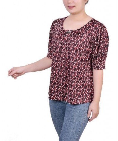 Women's Missy Short Sleeve Balloon Sleeve Top Black Wine Zigzag $17.36 Tops