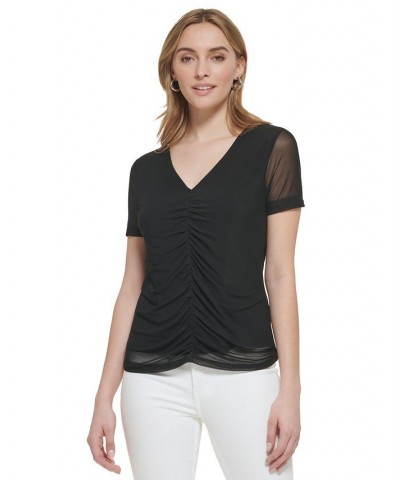 Women's Short Sleeve Ruched Mesh Top Black $33.36 Tops