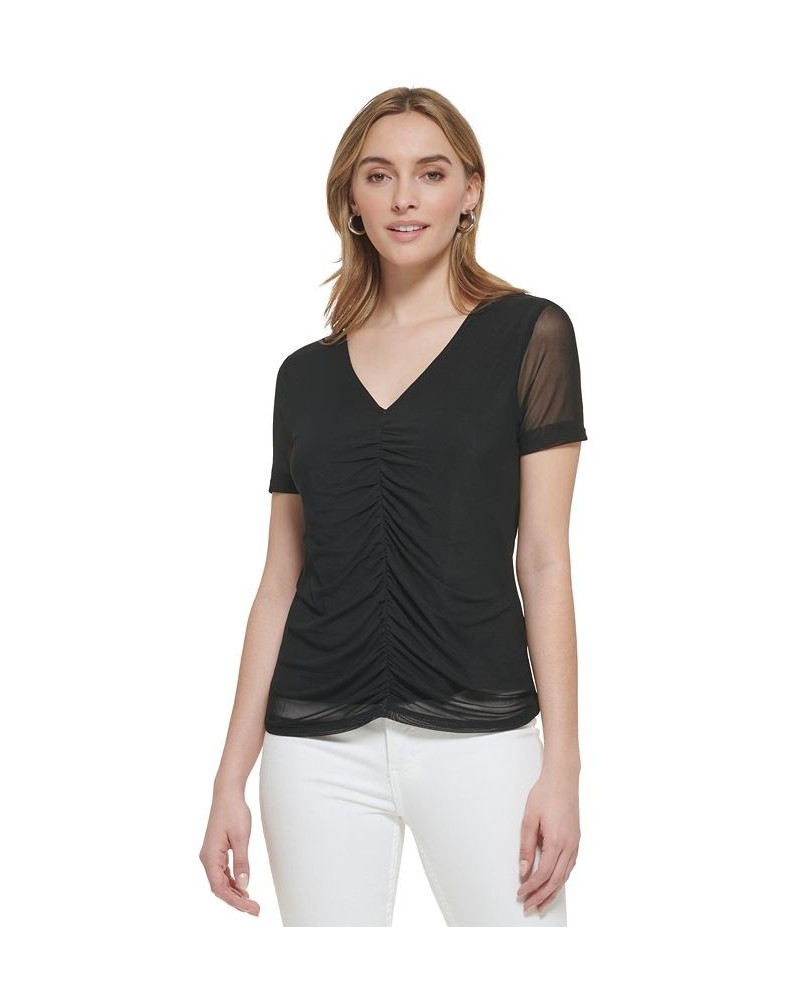 Women's Short Sleeve Ruched Mesh Top Black $33.36 Tops