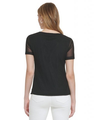 Women's Short Sleeve Ruched Mesh Top Black $33.36 Tops