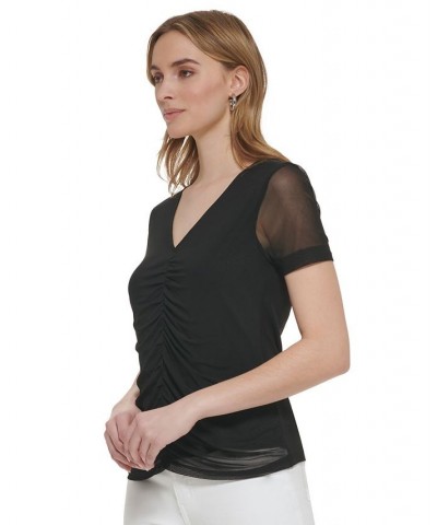 Women's Short Sleeve Ruched Mesh Top Black $33.36 Tops