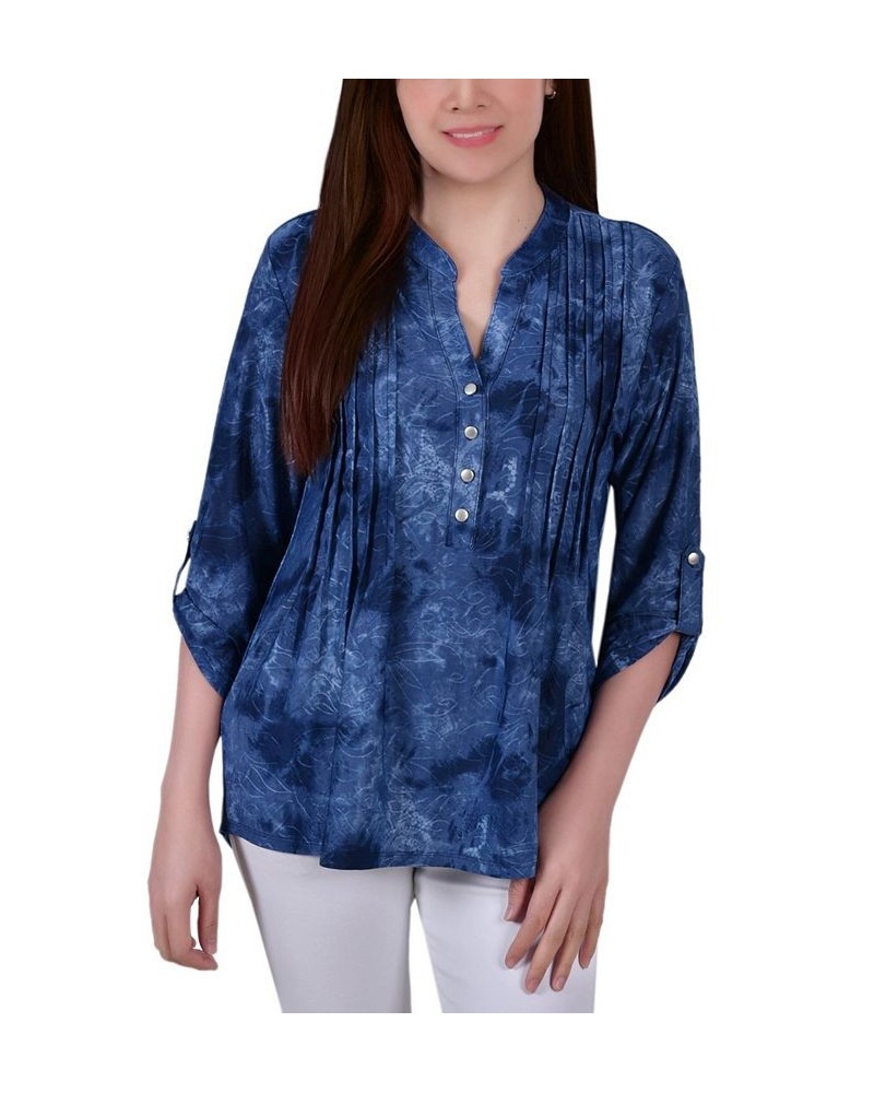 Women's 3/4 Roll Tab Sleeve Y-neck Top Denim Tie Dye $15.36 Tops