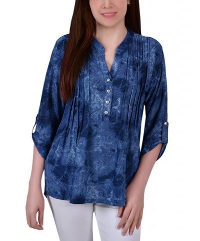 Women's 3/4 Roll Tab Sleeve Y-neck Top Denim Tie Dye $15.36 Tops