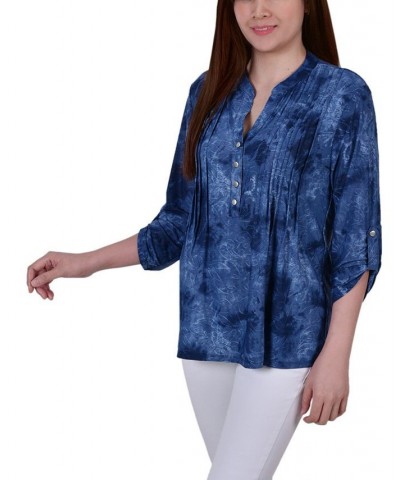 Women's 3/4 Roll Tab Sleeve Y-neck Top Denim Tie Dye $15.36 Tops