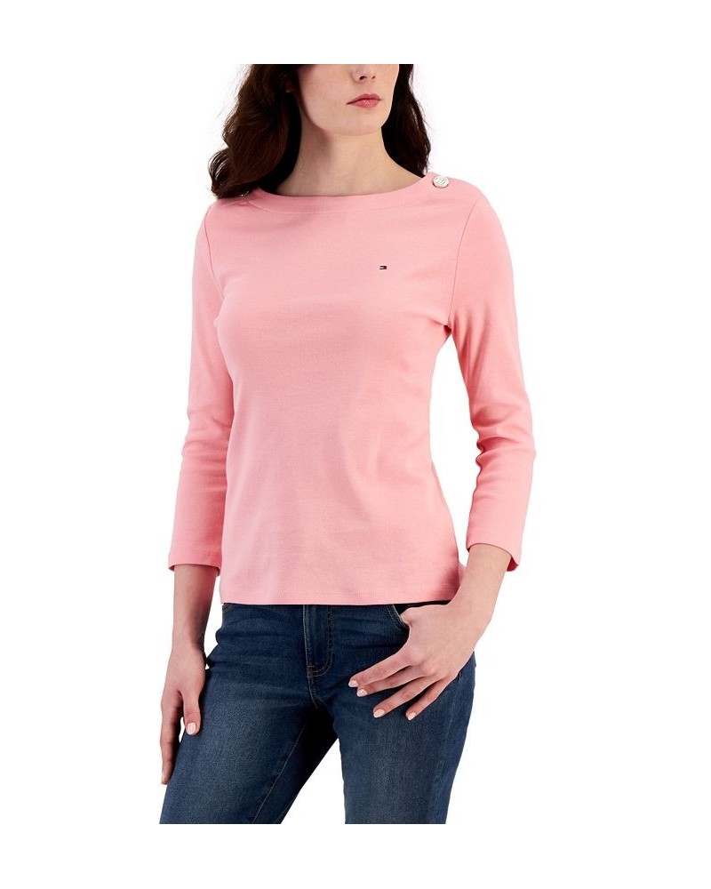 Women's Cotton 3/4-Sleeve Boat-Neck Top Pink $15.29 Tops