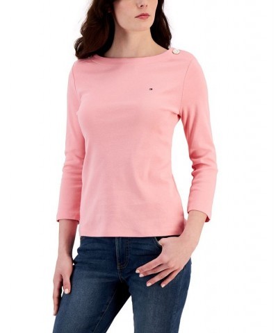 Women's Cotton 3/4-Sleeve Boat-Neck Top Pink $15.29 Tops