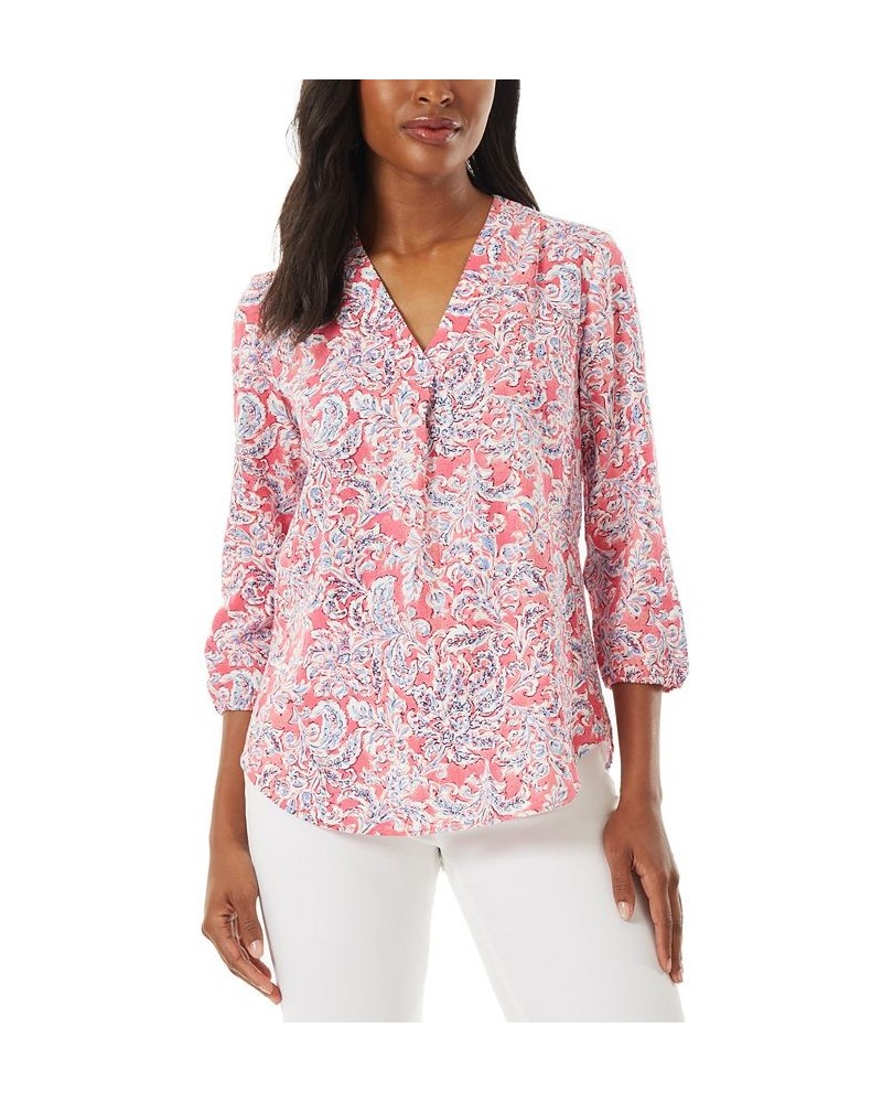 Women's Printed V-Neck 3/4-Sleeve Top Pink $40.55 Tops