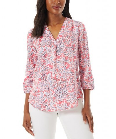 Women's Printed V-Neck 3/4-Sleeve Top Pink $40.55 Tops