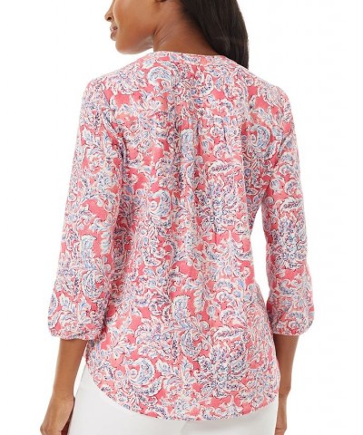 Women's Printed V-Neck 3/4-Sleeve Top Pink $40.55 Tops