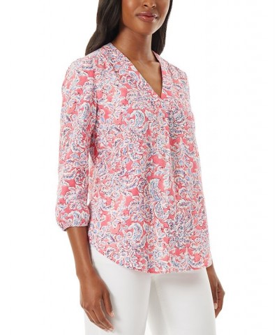 Women's Printed V-Neck 3/4-Sleeve Top Pink $40.55 Tops