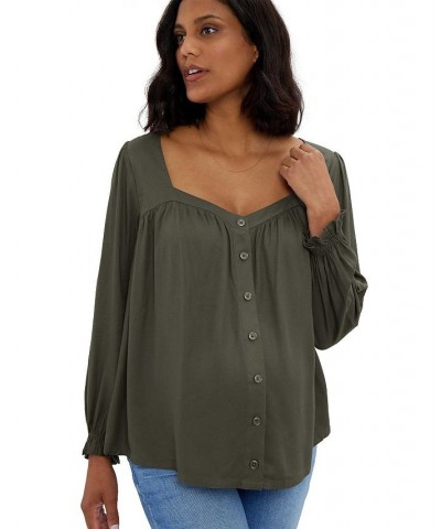 Women's Maternity Button Front Sweetheart Top Olive $44.88 Tops