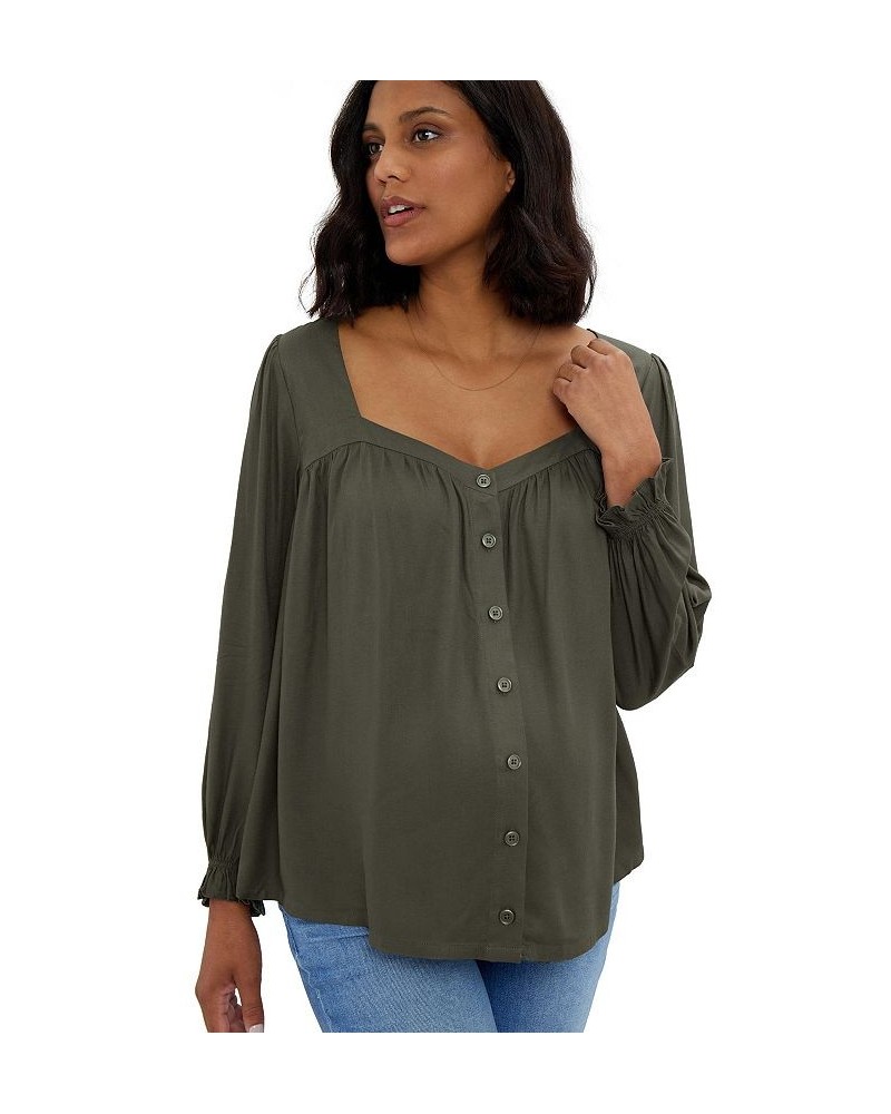 Women's Maternity Button Front Sweetheart Top Olive $44.88 Tops