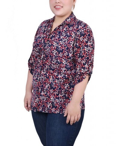 Plus Size 3/4 Roll Tab Rouched-Front Top Navy Red Ditsy Floral $11.97 Tops