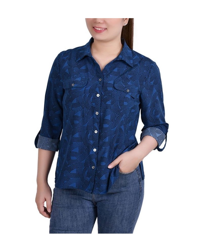 Women's 3/4 Roll Tab Shirt with Pockets Stweb and Blk Dot Scroll Circle $16.32 Tops