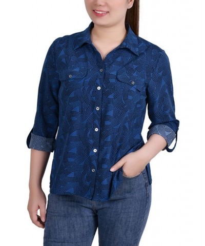 Women's 3/4 Roll Tab Shirt with Pockets Stweb and Blk Dot Scroll Circle $16.32 Tops