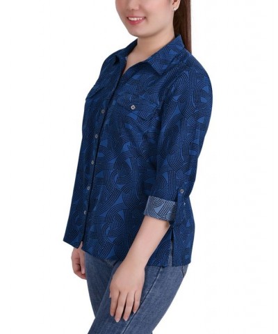 Women's 3/4 Roll Tab Shirt with Pockets Stweb and Blk Dot Scroll Circle $16.32 Tops