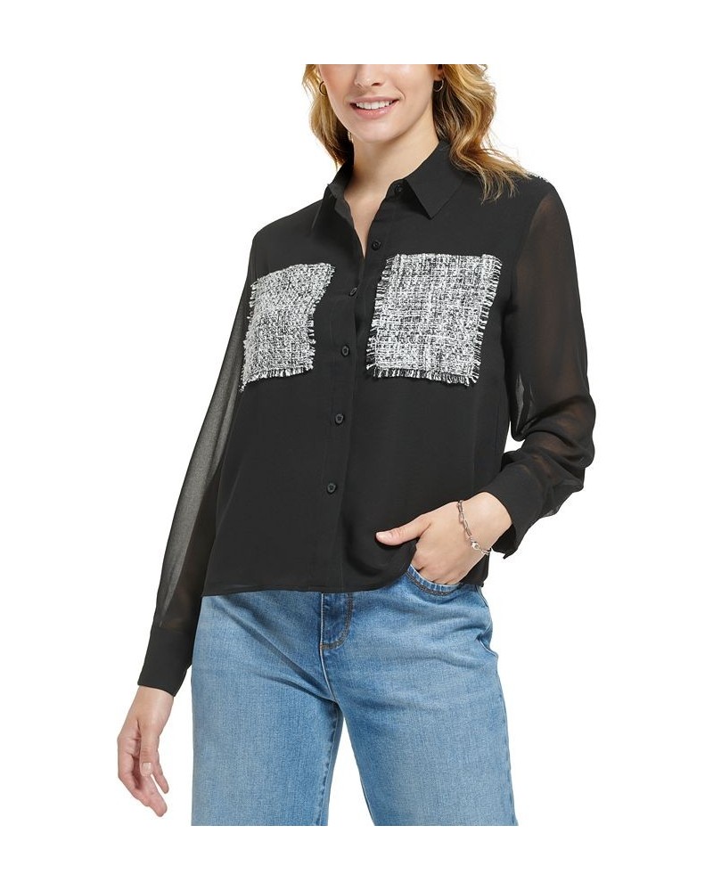 Women's Tweed-Pocket Chiffon Blouse Black $34.07 Tops