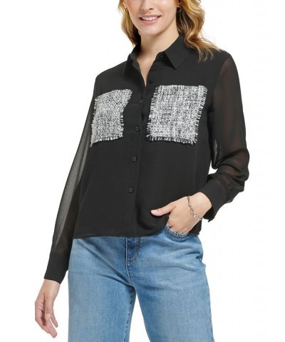 Women's Tweed-Pocket Chiffon Blouse Black $34.07 Tops