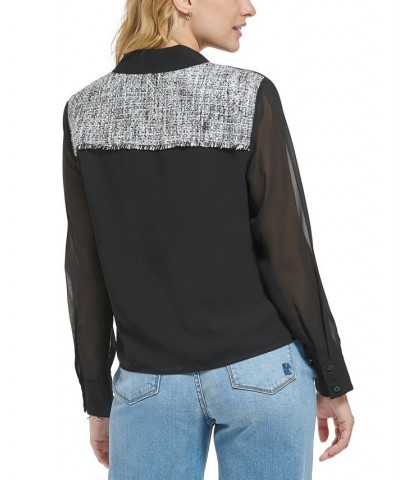 Women's Tweed-Pocket Chiffon Blouse Black $34.07 Tops