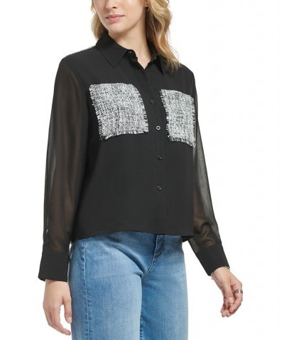 Women's Tweed-Pocket Chiffon Blouse Black $34.07 Tops