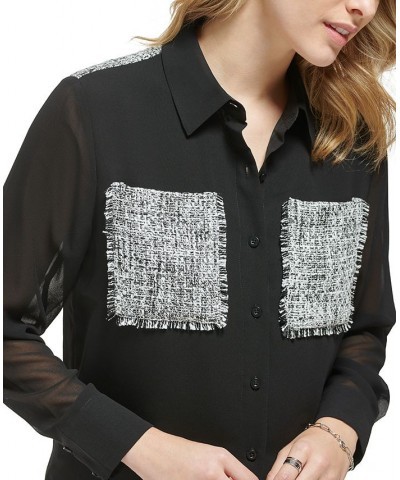 Women's Tweed-Pocket Chiffon Blouse Black $34.07 Tops