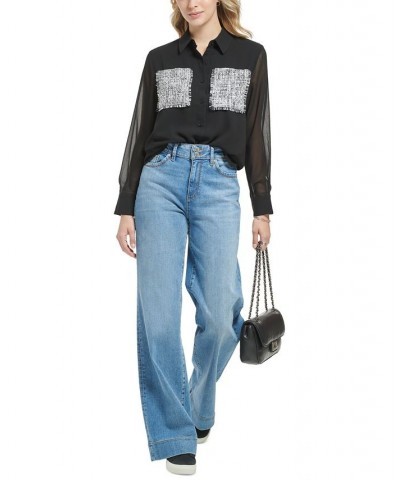 Women's Tweed-Pocket Chiffon Blouse Black $34.07 Tops