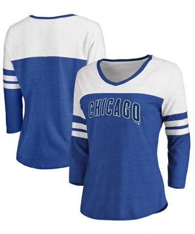 Women's Heathered Royal White Chicago Cubs Official Wordmark 3/4 Sleeve V-Neck T-shirt Heather Royal $25.49 Tops