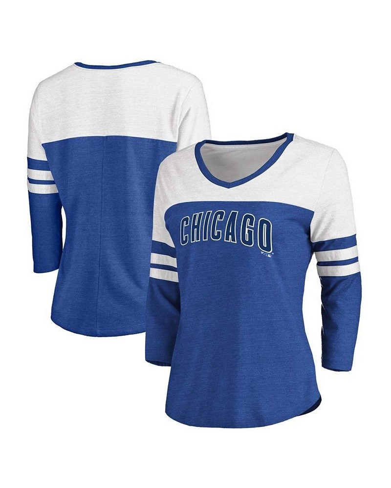 Women's Heathered Royal White Chicago Cubs Official Wordmark 3/4 Sleeve V-Neck T-shirt Heather Royal $25.49 Tops