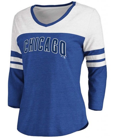 Women's Heathered Royal White Chicago Cubs Official Wordmark 3/4 Sleeve V-Neck T-shirt Heather Royal $25.49 Tops