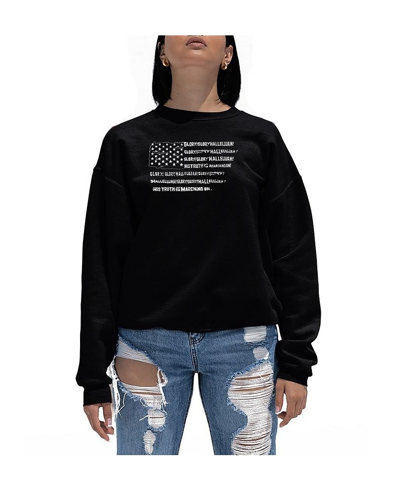 Women's Glory Hallelujah Flag Word Art Crewneck Sweatshirt Black $25.49 Tops