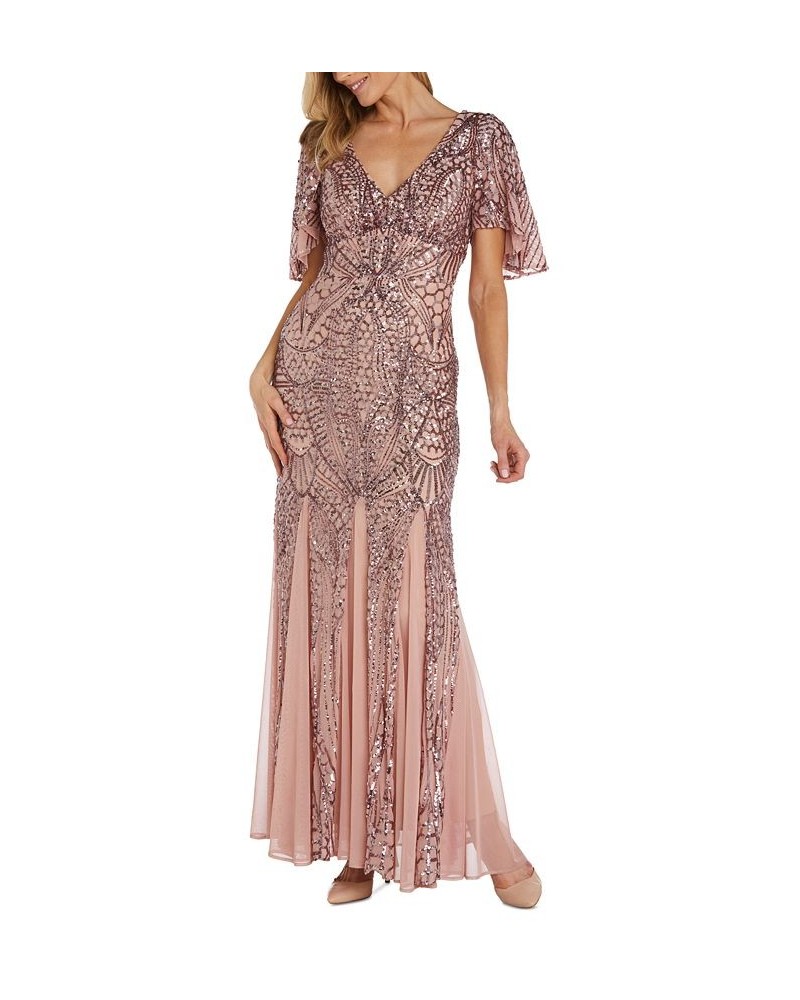 Women's Long V-Neck Sequinned Gown Mauve $77.33 Dresses