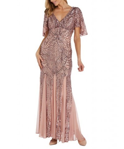 Women's Long V-Neck Sequinned Gown Mauve $77.33 Dresses