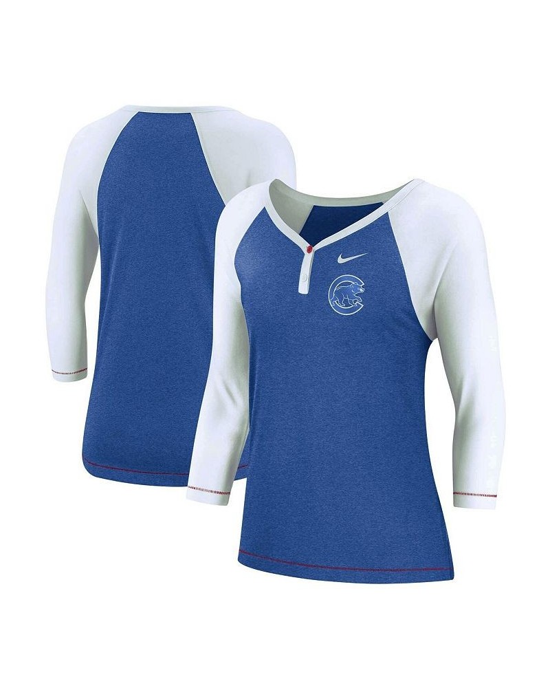 Women's Royal Chicago Cubs Henley 3/4-Sleeve Raglan Tri-Blend Performance V-Neck T-shirt Royal $24.60 Tops