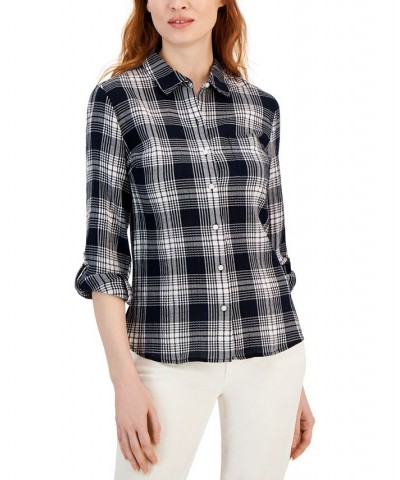 Women's Roll-Tab Sleeve Buttoned Top Blue $42.93 Tops