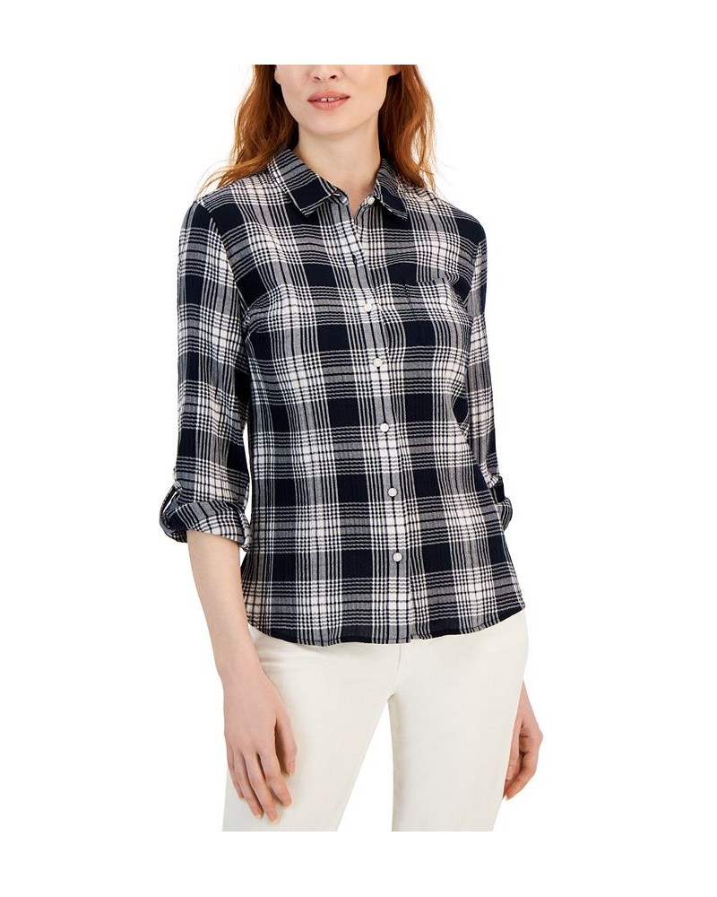 Women's Roll-Tab Sleeve Buttoned Top Blue $42.93 Tops