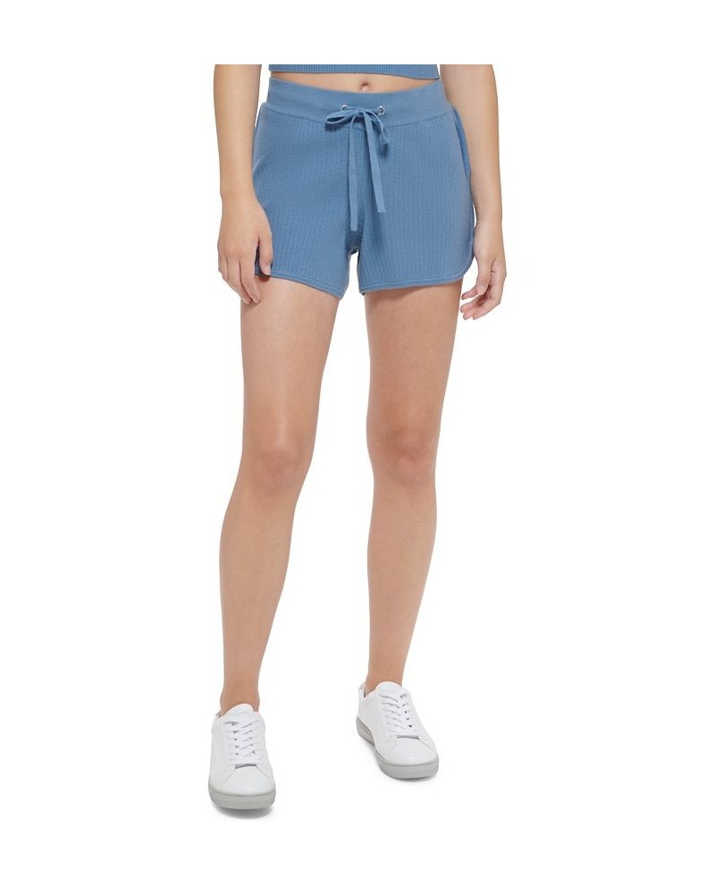 Women's Ribbed-Knit Drawstring Shorts Blue $14.47 Shorts