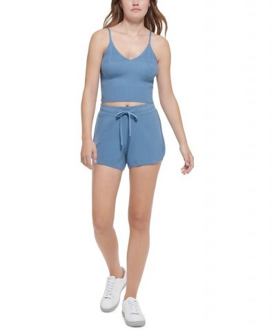 Women's Ribbed-Knit Drawstring Shorts Blue $14.47 Shorts