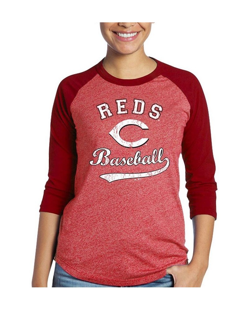 Women's Red Cincinnati Reds Team Baseball Three-Quarter Raglan Sleeve Tri-Blend T-shirt Red $27.99 Tops