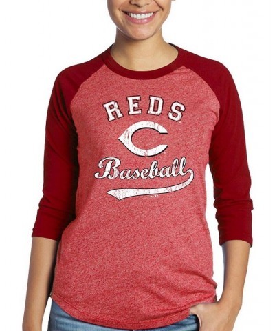 Women's Red Cincinnati Reds Team Baseball Three-Quarter Raglan Sleeve Tri-Blend T-shirt Red $27.99 Tops