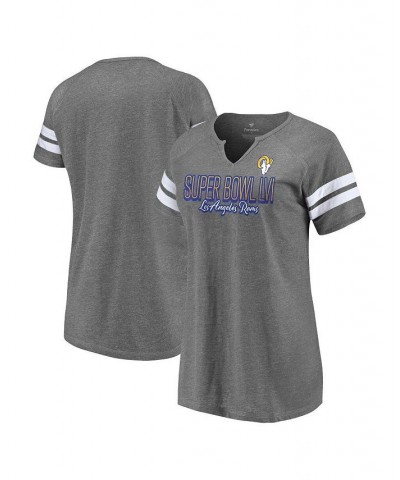 Women's Los Angeles Rams Super Bowl LVI Bound Fade Script Stripe Notch Neck T-shirt Heathered Charcoal $23.93 Tops