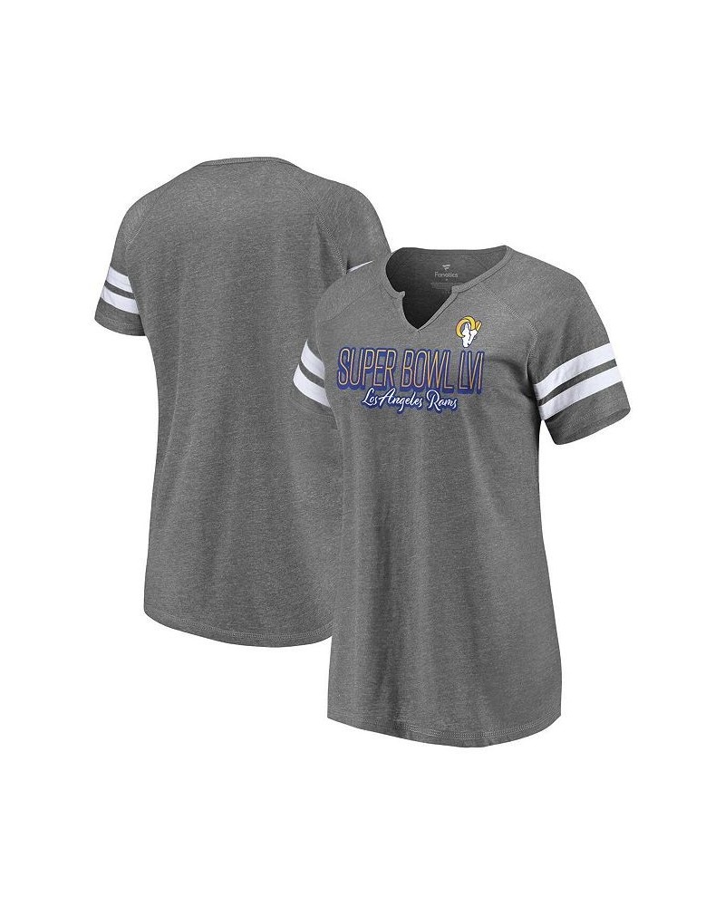 Women's Los Angeles Rams Super Bowl LVI Bound Fade Script Stripe Notch Neck T-shirt Heathered Charcoal $23.93 Tops