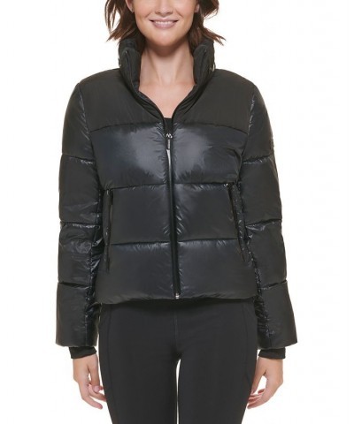 Women's Logo Mock-Neck Colorblocked Puffer Jacket Metallic Black $40.39 Jackets