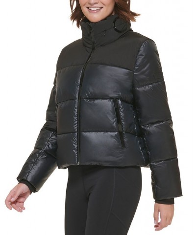 Women's Logo Mock-Neck Colorblocked Puffer Jacket Metallic Black $40.39 Jackets