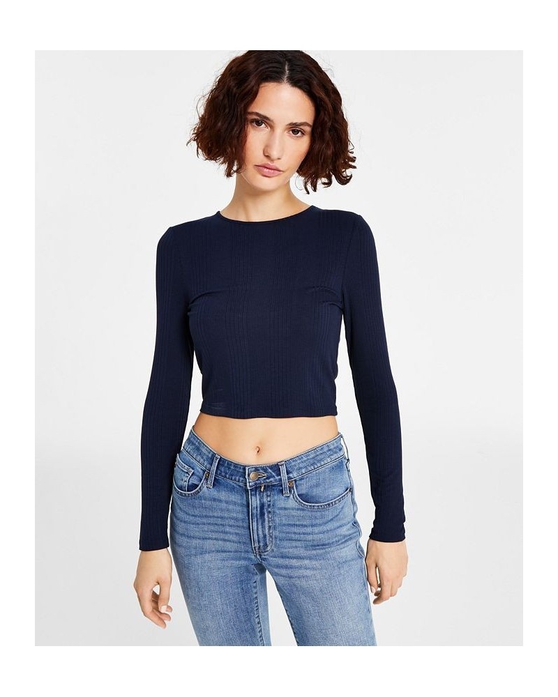 Women's Back-Cutout Ribbed Long-Sleeve Top Blue $18.91 Tops