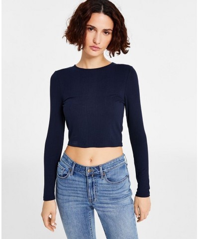 Women's Back-Cutout Ribbed Long-Sleeve Top Blue $18.91 Tops